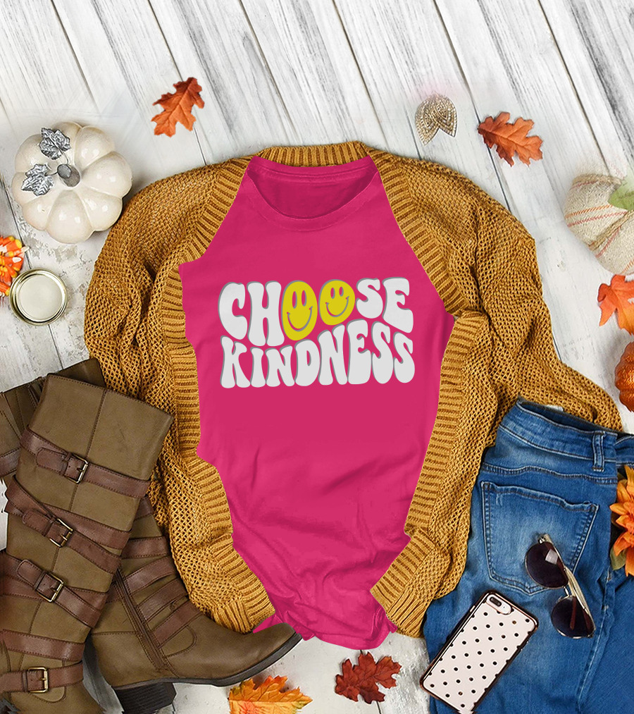 Miss Natali S Choose Kindness Smiley Face Groovy Font Pink Background T-Shirt