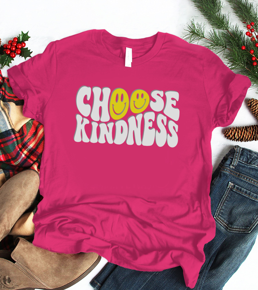 Miss Natali S Choose Kindness Smiley Face Groovy Font Pink Background T-Shirt