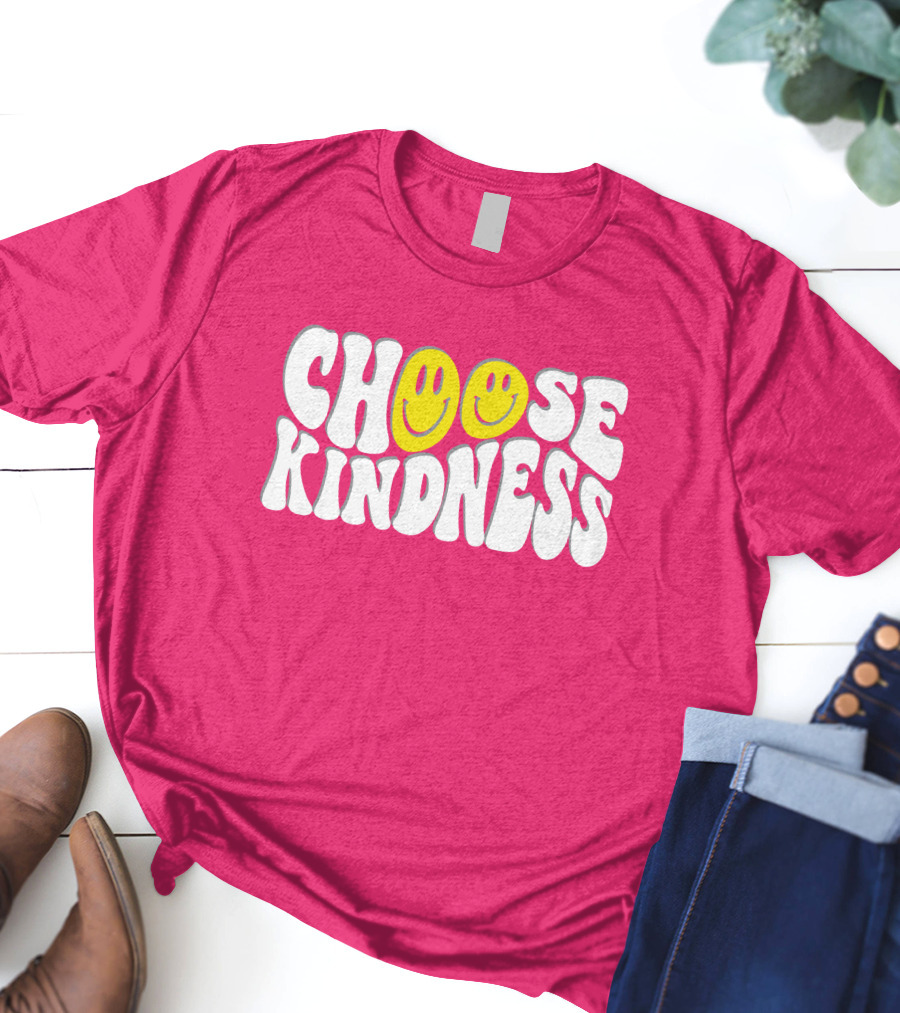 Miss Natali S Choose Kindness Smiley Face Groovy Font Pink Background T-Shirt