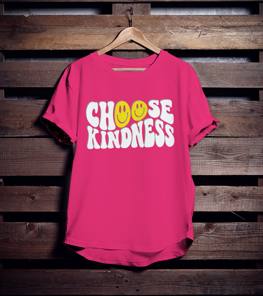 Miss Natali S Choose Kindness Smiley Face Groovy Font Pink Background T-Shirt