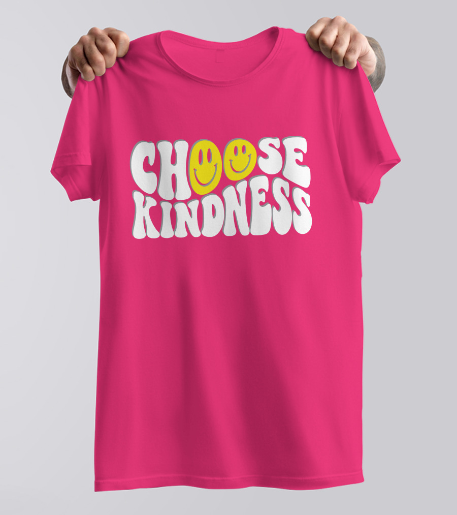 Miss Natali S Choose Kindness Smiley Face Groovy Font Pink Background T-Shirt