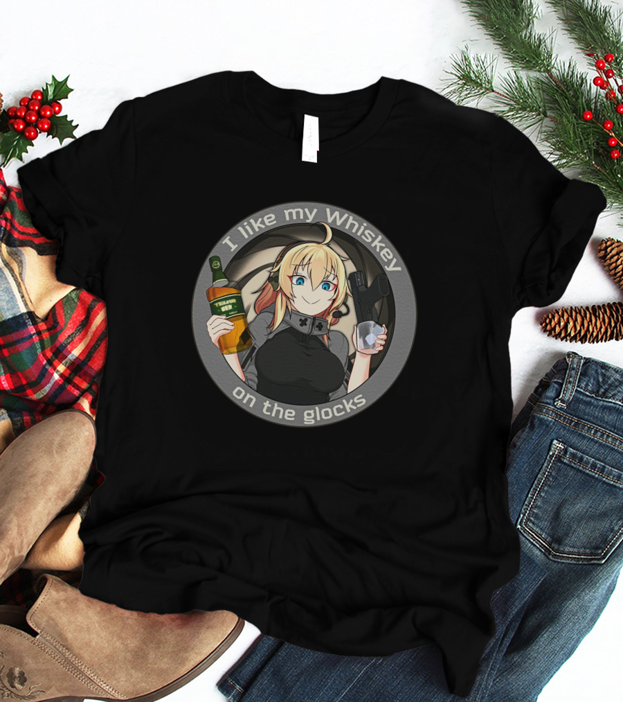 Waifu Dynamics Merch Whiskey Glocks Anime Character I Like My Whiskey T-Shirt