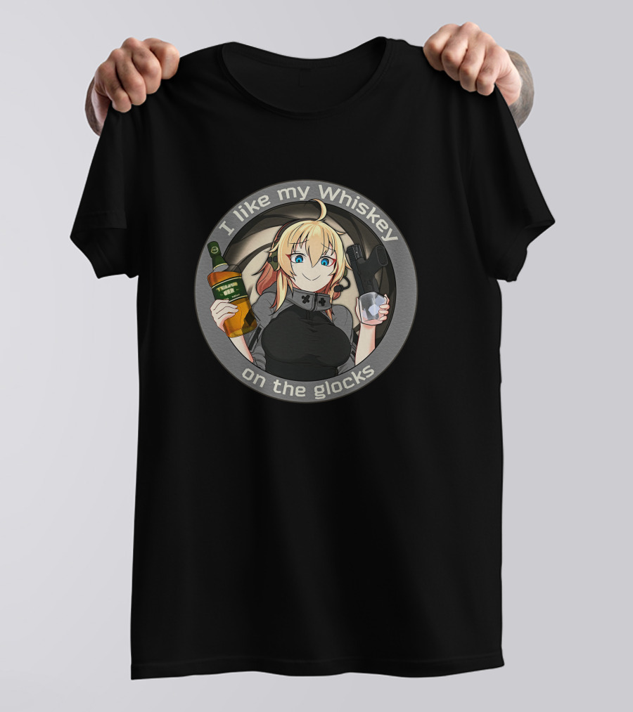 Waifu Dynamics Merch Whiskey Glocks Anime Character I Like My Whiskey T-Shirt