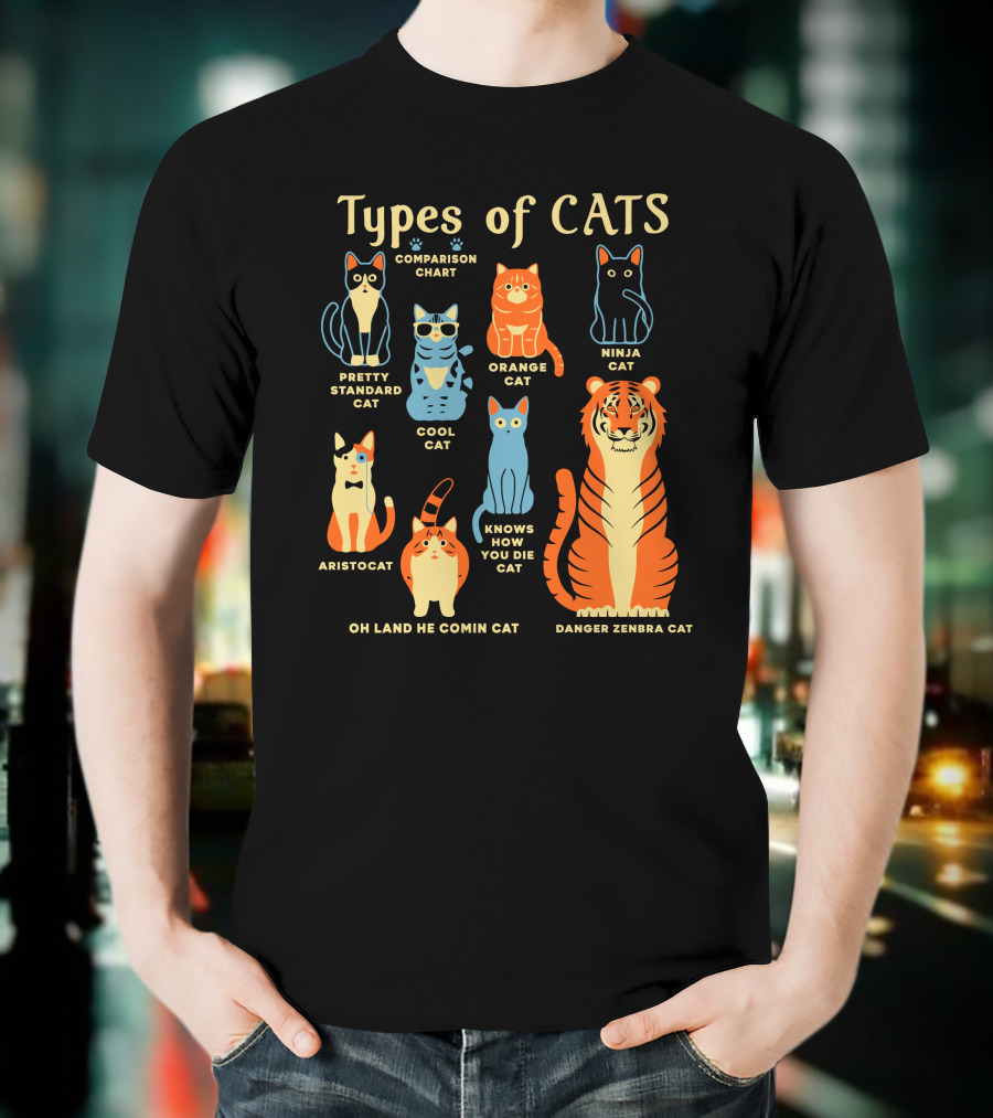 Types Of Cats Comparison Chart Pretty Standard Cat Orange Cat Ninja Cat Cool Cat Aristocat Danger Zenbra Cat Knows How You Die Cat Oh Land He Comin Cat T-Shirt
