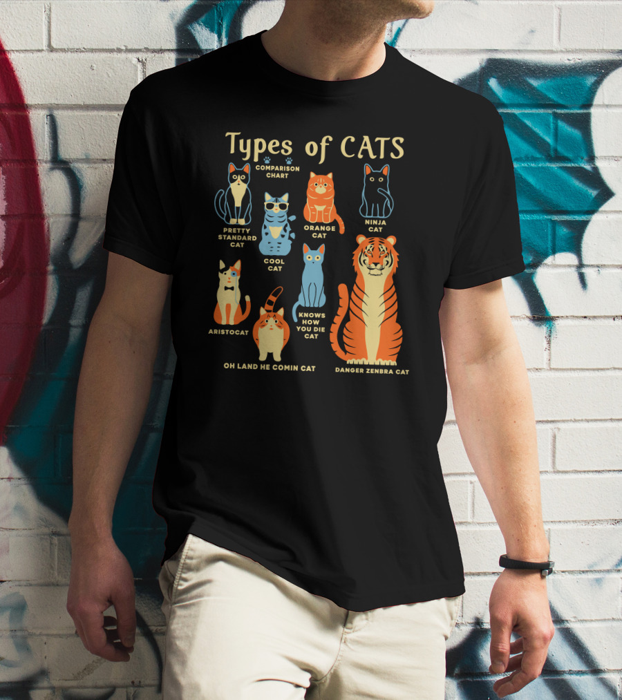 Types Of Cats Comparison Chart Pretty Standard Cat Orange Cat Ninja Cat Cool Cat Aristocat Danger Zenbra Cat Knows How You Die Cat Oh Land He Comin Cat T-Shirt