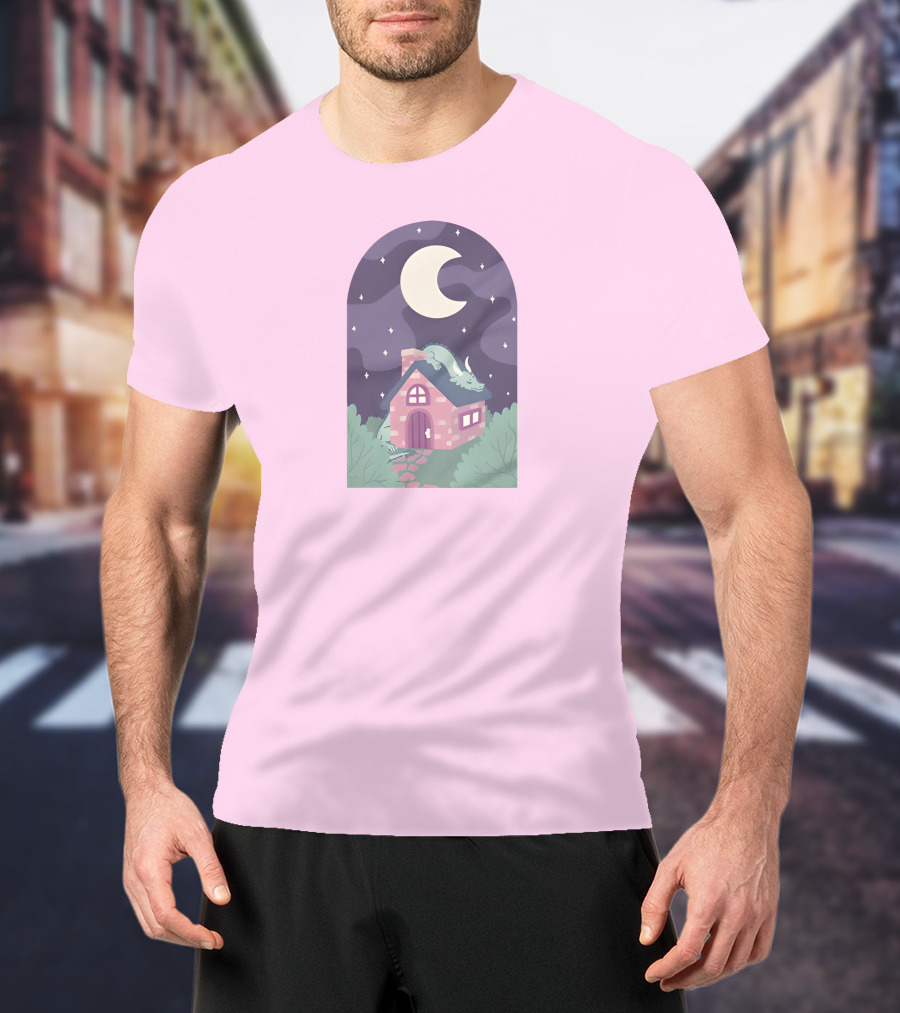 Sleepy Draginn Under Night Sky Crescent Moon Pastel Cottage T-Shirt