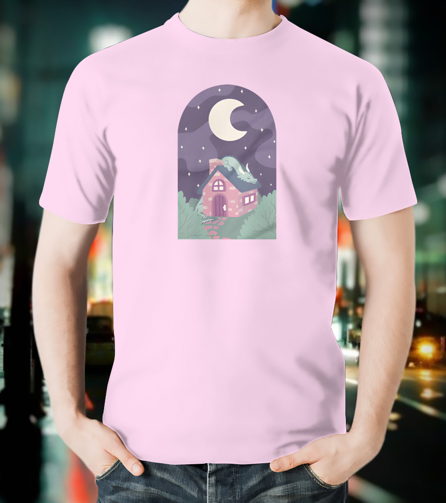 Sleepy Draginn Under Night Sky Crescent Moon Pastel Cottage T-Shirt