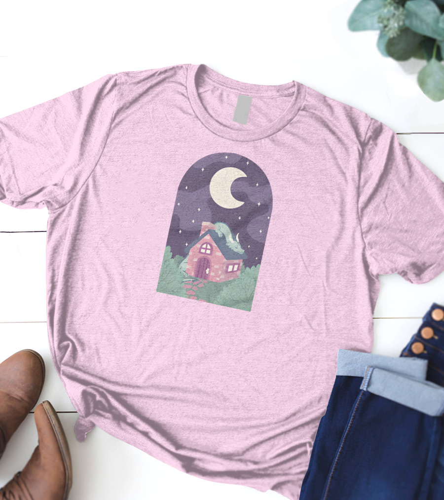 Sleepy Draginn Under Night Sky Crescent Moon Pastel Cottage T-Shirt