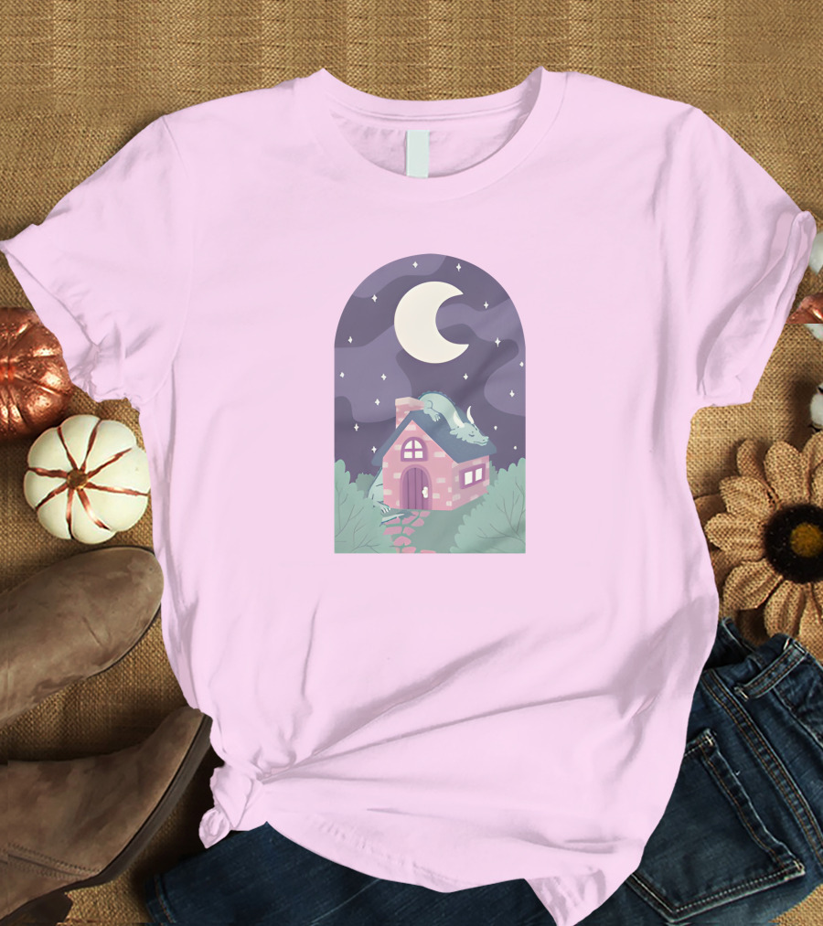 Sleepy Draginn Under Night Sky Crescent Moon Pastel Cottage T-Shirt