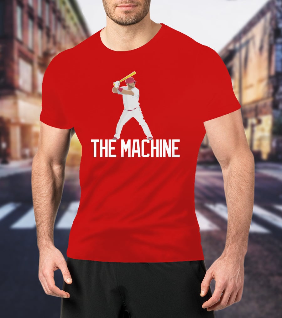 The Machine Baseball Player In White Uniform With Yellow Bat And Red Cap T-Shirt