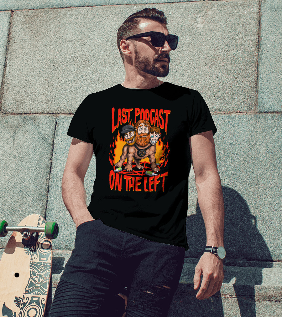Last Podcast On The Left Hellhound Fire Pentagram Three-Headed Cartoon T-Shirt