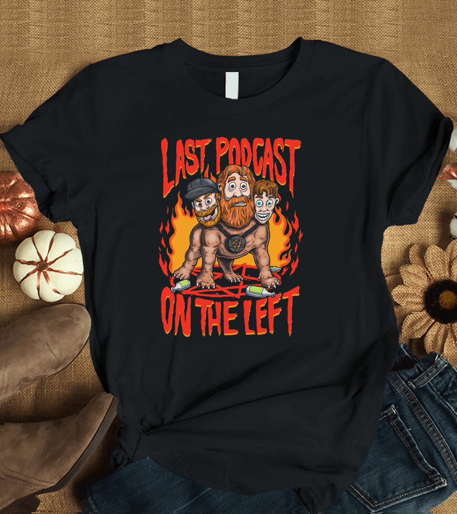 Last Podcast On The Left Hellhound Fire Pentagram Three-Headed Cartoon T-Shirt
