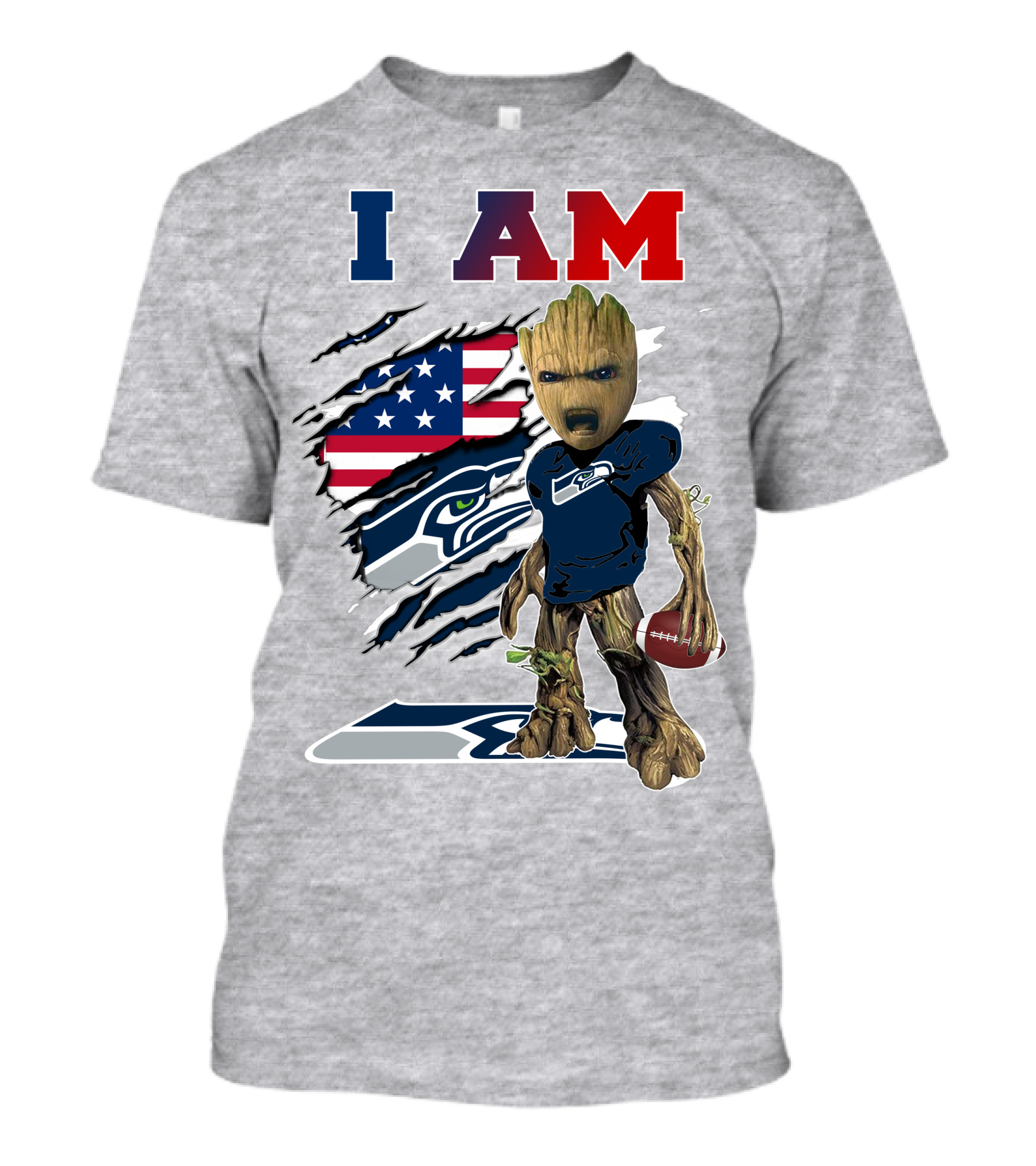 I AM Seahawks Baby Groot Football American Flag T-Shirt