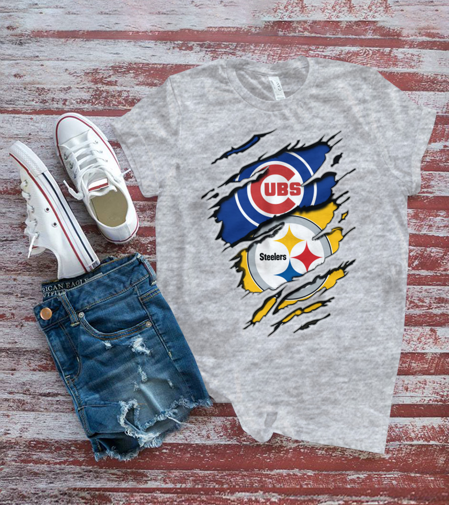 Steelers Cubs Logos With Torn Fabric T-Shirt