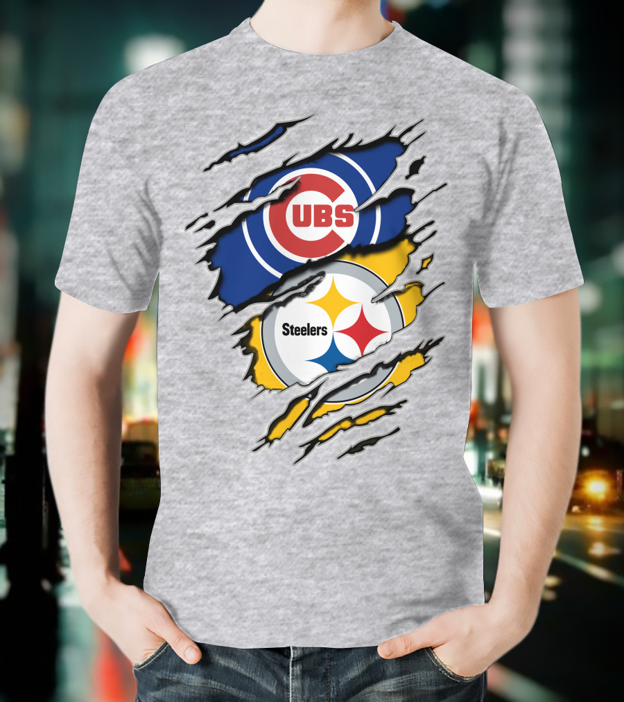 Steelers Cubs Logos With Torn Fabric T-Shirt