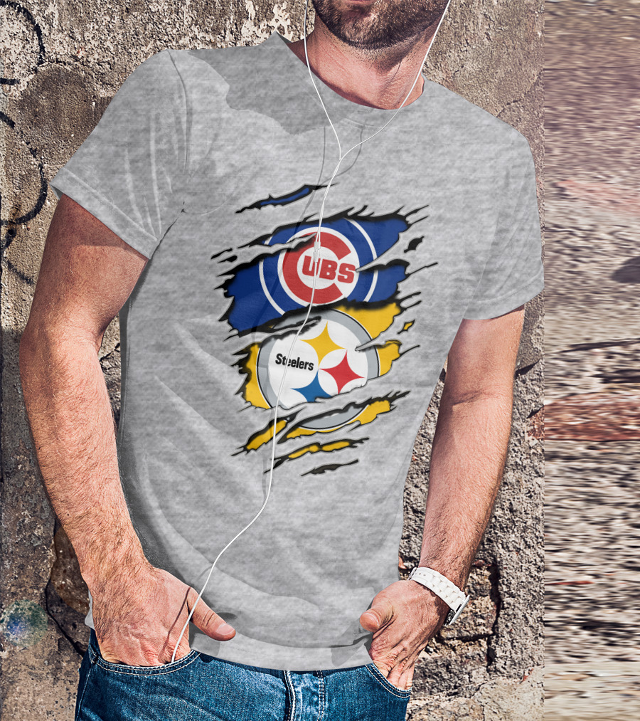 Steelers Cubs Logos With Torn Fabric T-Shirt