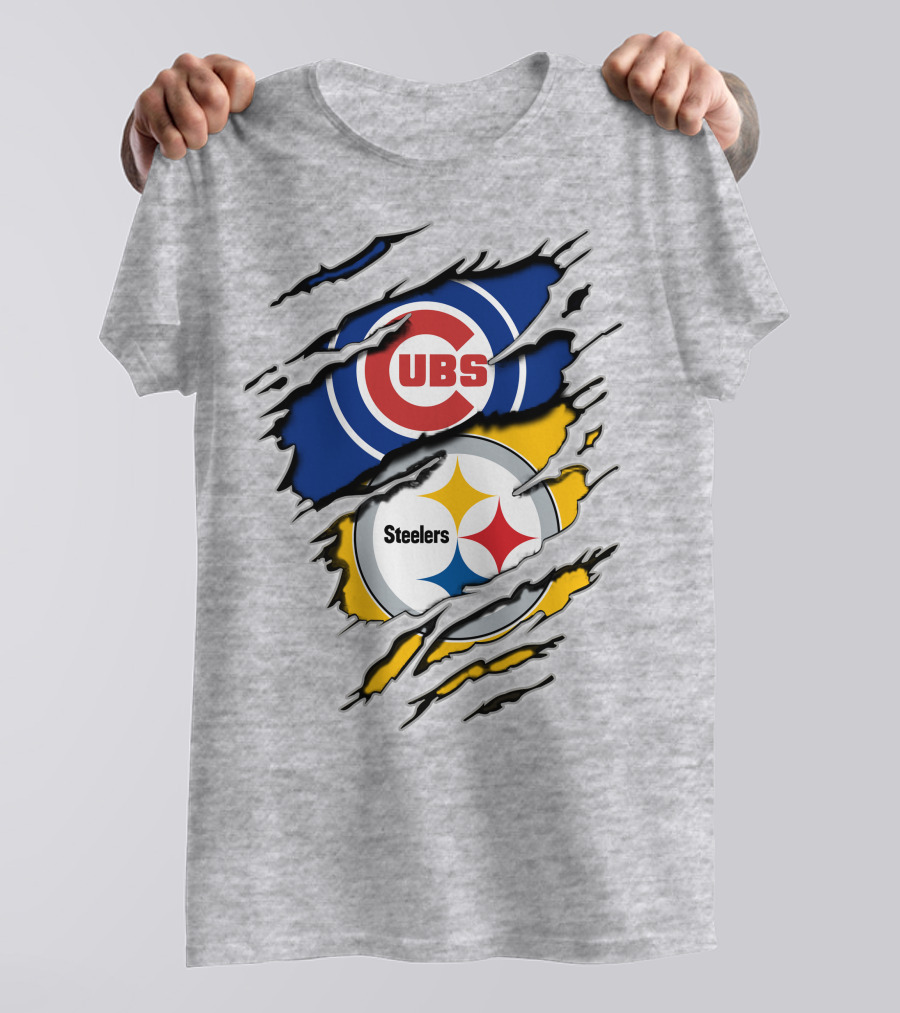 Steelers Cubs Logos With Torn Fabric T-Shirt