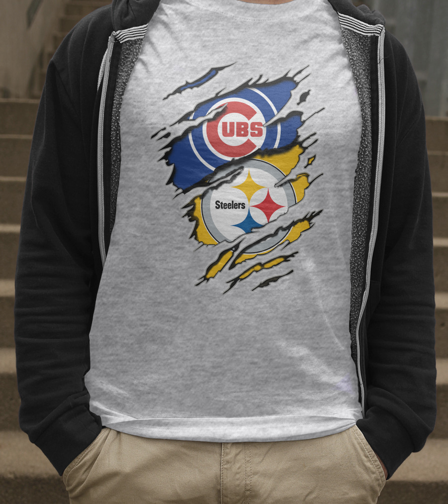 Steelers Cubs Logos With Torn Fabric T-Shirt