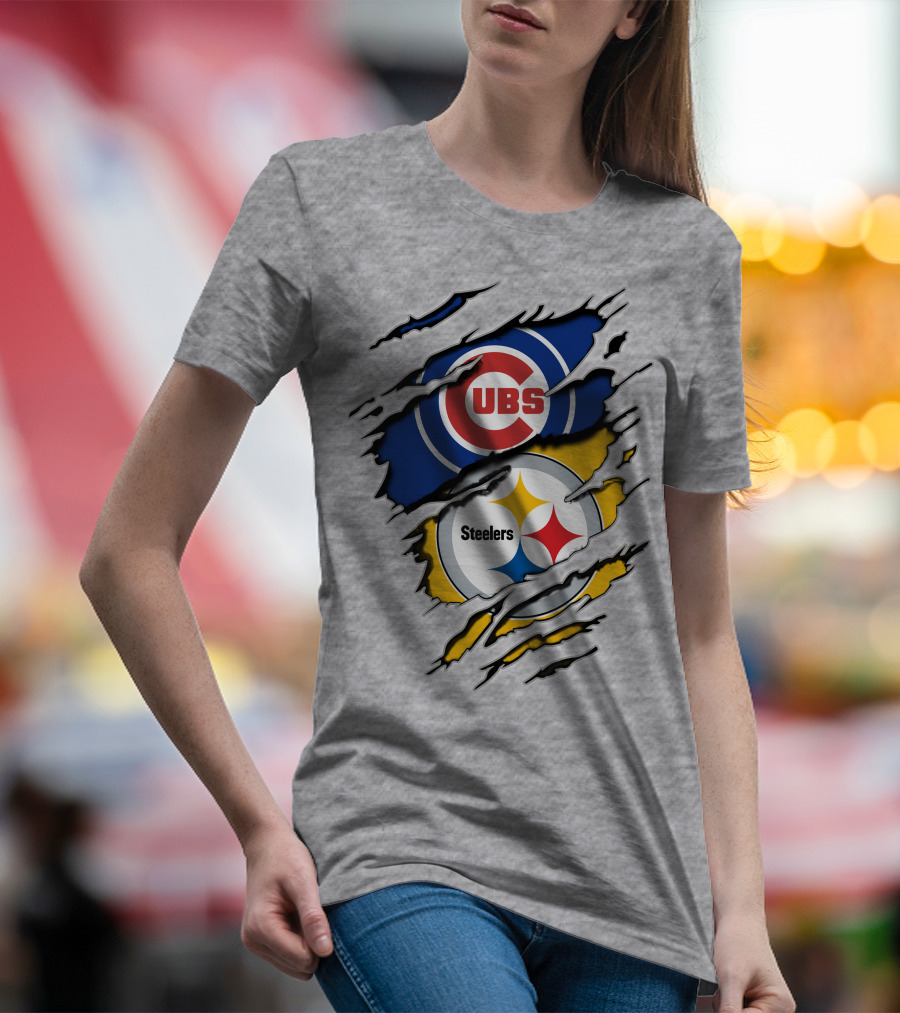 Steelers Cubs Logos With Torn Fabric T-Shirt