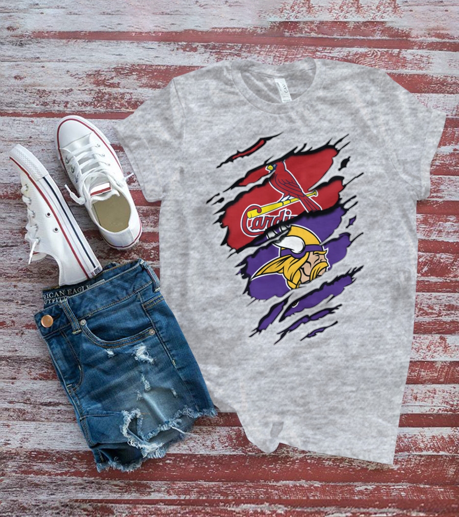 Vikings And Cardinals Logos Torn Effect T-Shirt