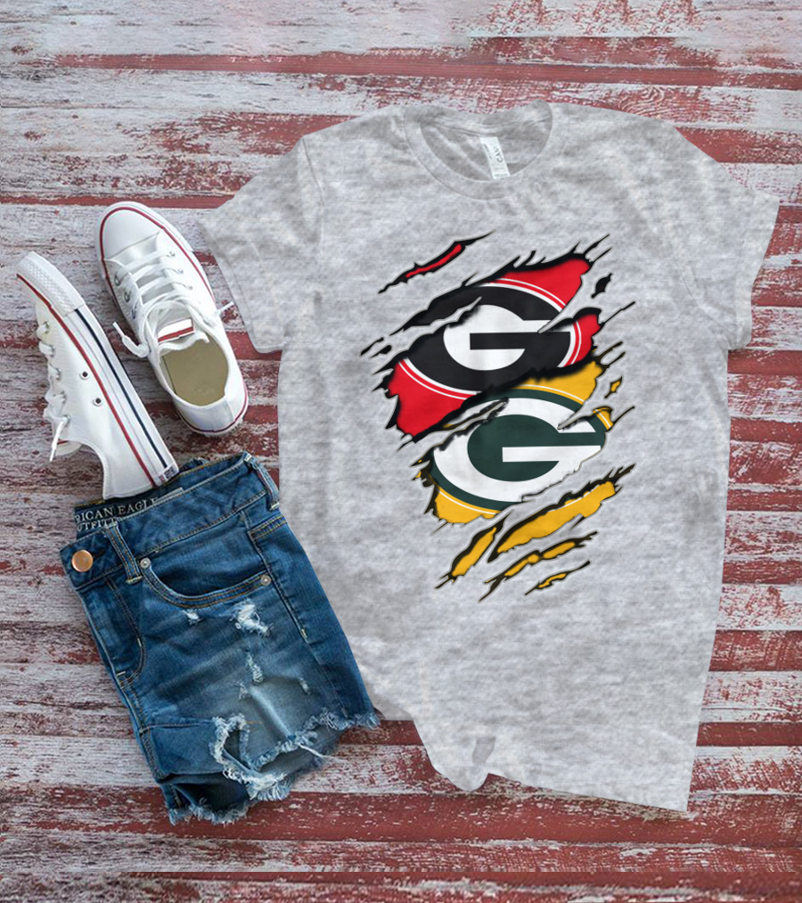 Green Bay Packers Georgia Bulldogs Dual Logo Rip Claw Marks T-Shirt