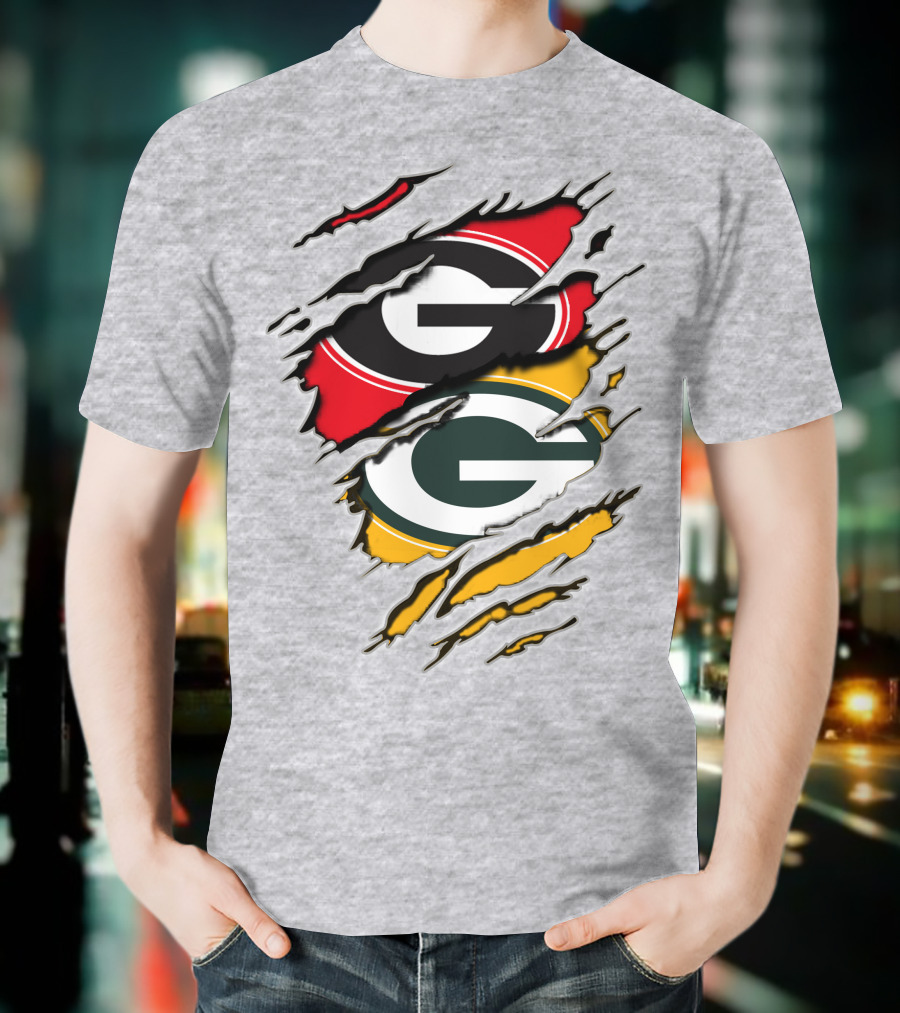 Green Bay Packers Georgia Bulldogs Dual Logo Rip Claw Marks T-Shirt