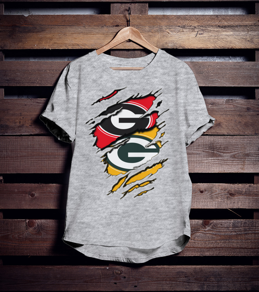 Green Bay Packers Georgia Bulldogs Dual Logo Rip Claw Marks T-Shirt