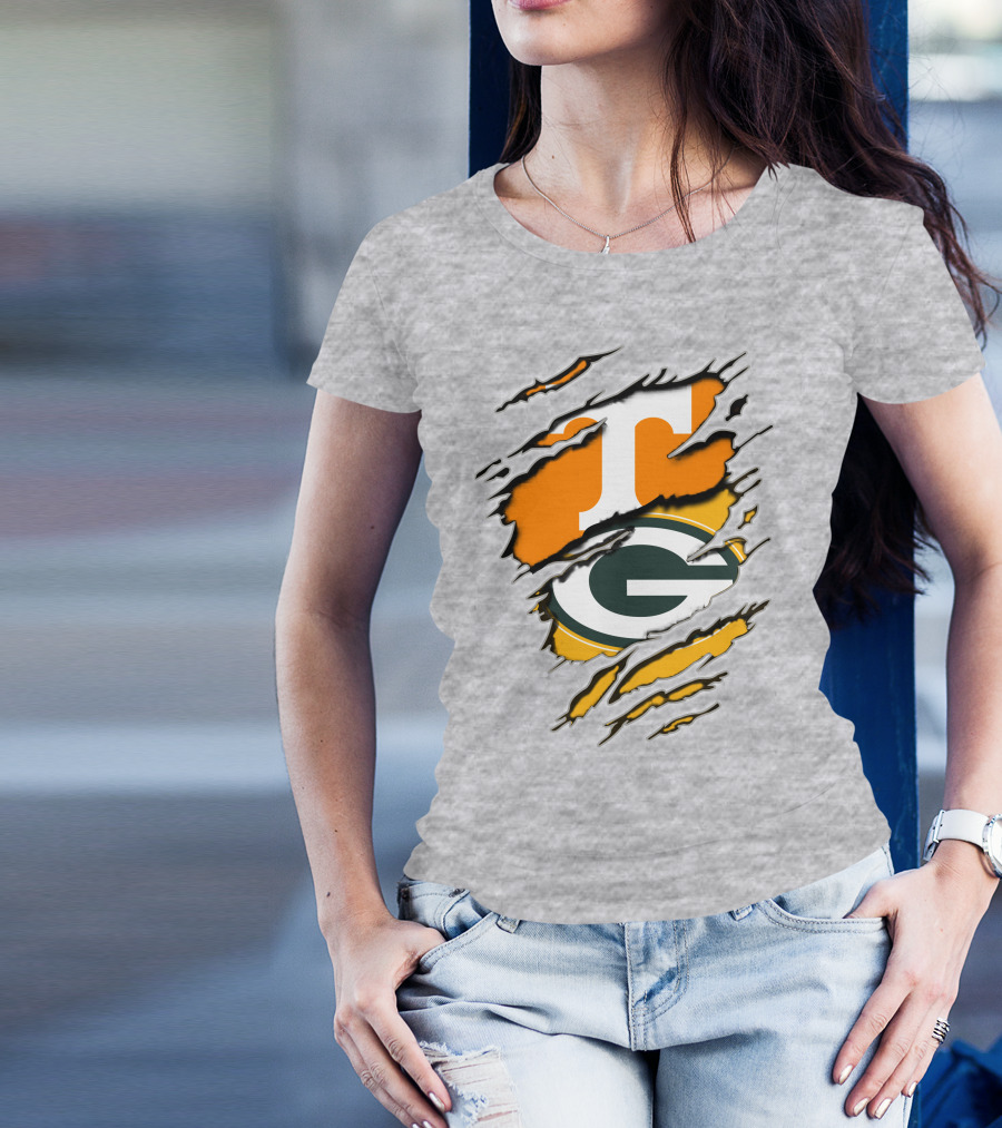 Tennessee Vols And Green Bay Packers Torn Logo Fusion T-Shirt