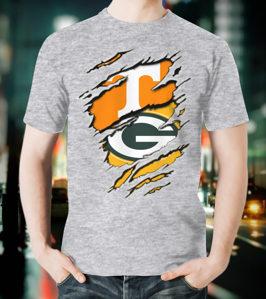 Tennessee Vols And Green Bay Packers Torn Logo Fusion T-Shirt