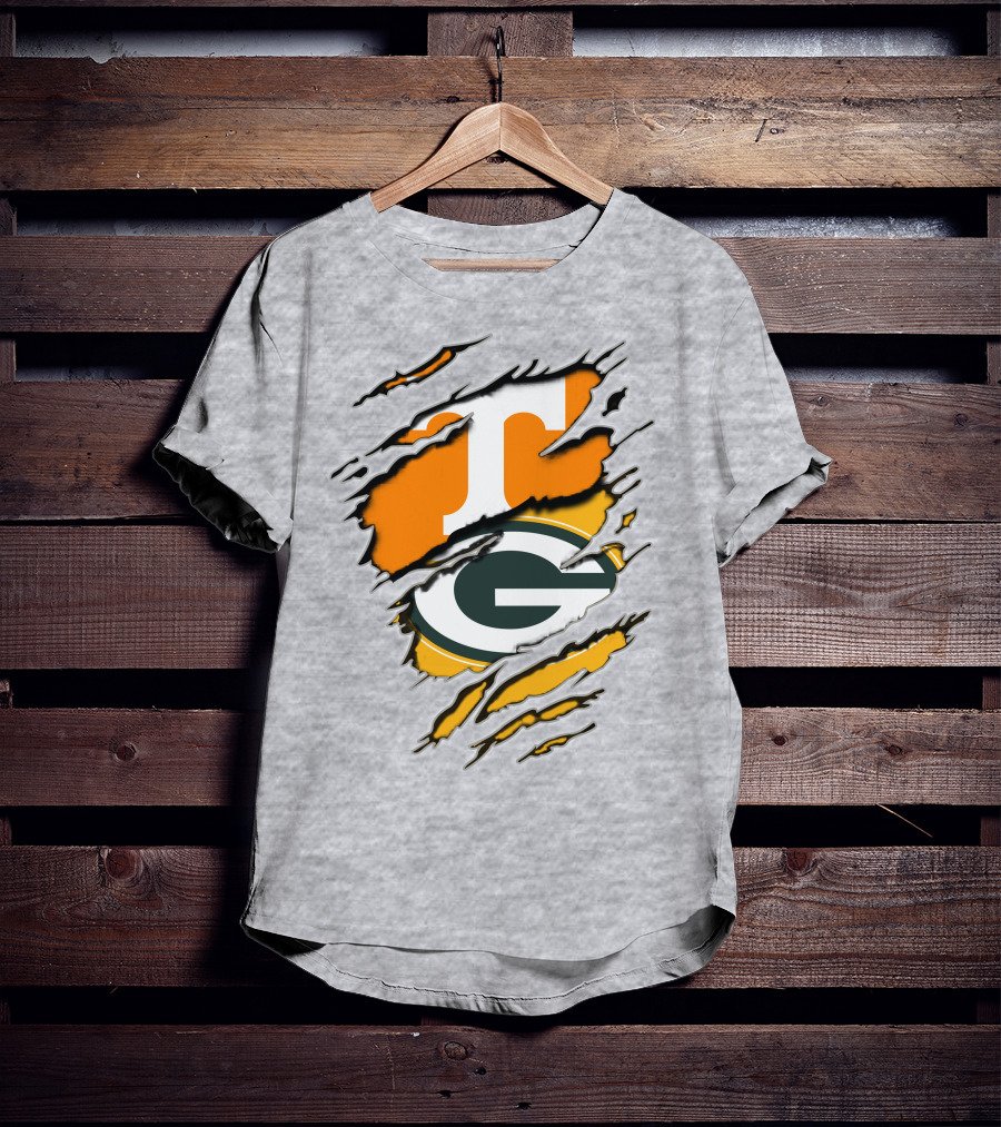 Tennessee Vols And Green Bay Packers Torn Logo Fusion T-Shirt