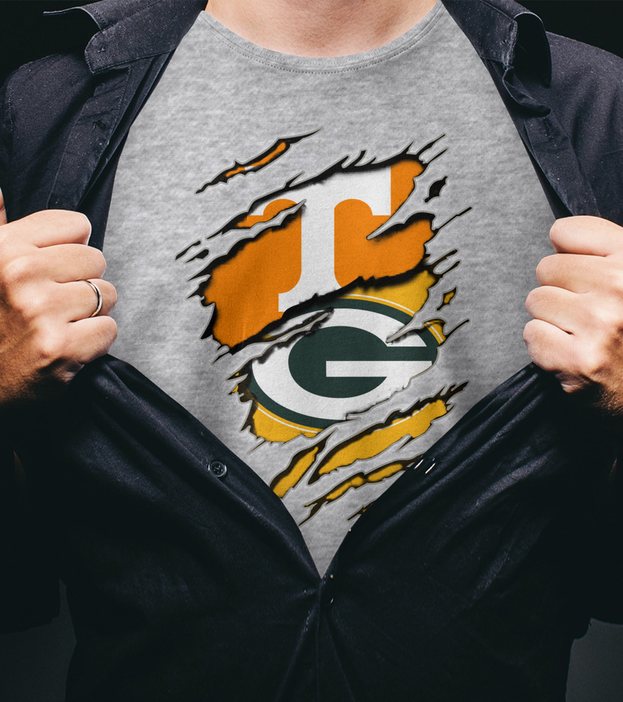 Tennessee Vols And Green Bay Packers Torn Logo Fusion T-Shirt