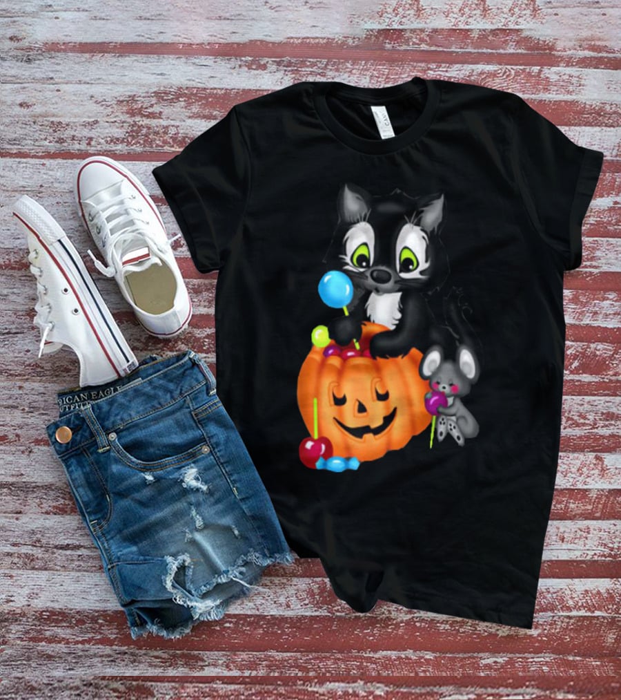 Halowen Cute Cat And Mouse With Candy And Pumpkin T-Shirt