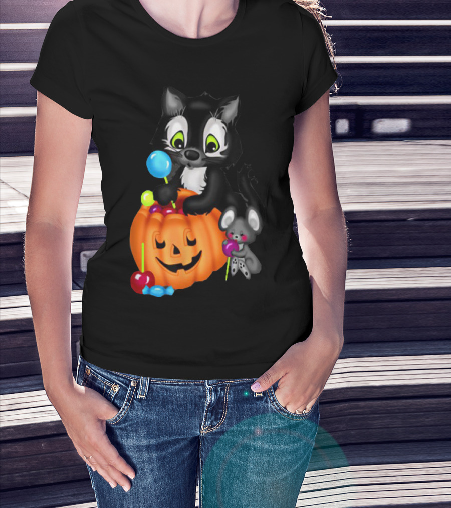Halowen Cute Cat And Mouse With Candy And Pumpkin T-Shirt