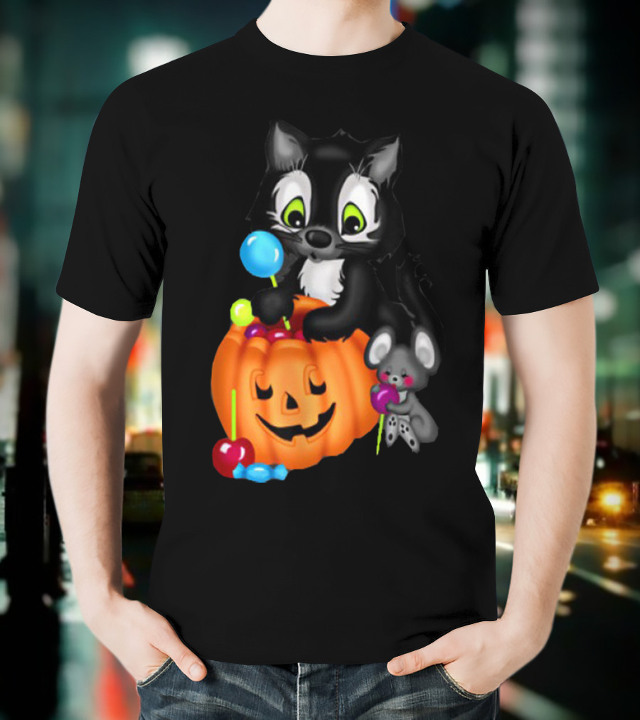Halowen Cute Cat And Mouse With Candy And Pumpkin T-Shirt