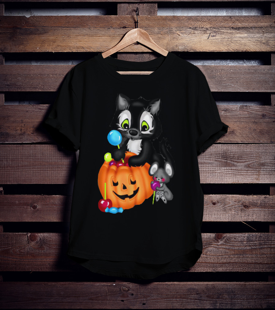 Halowen Cute Cat And Mouse With Candy And Pumpkin T-Shirt