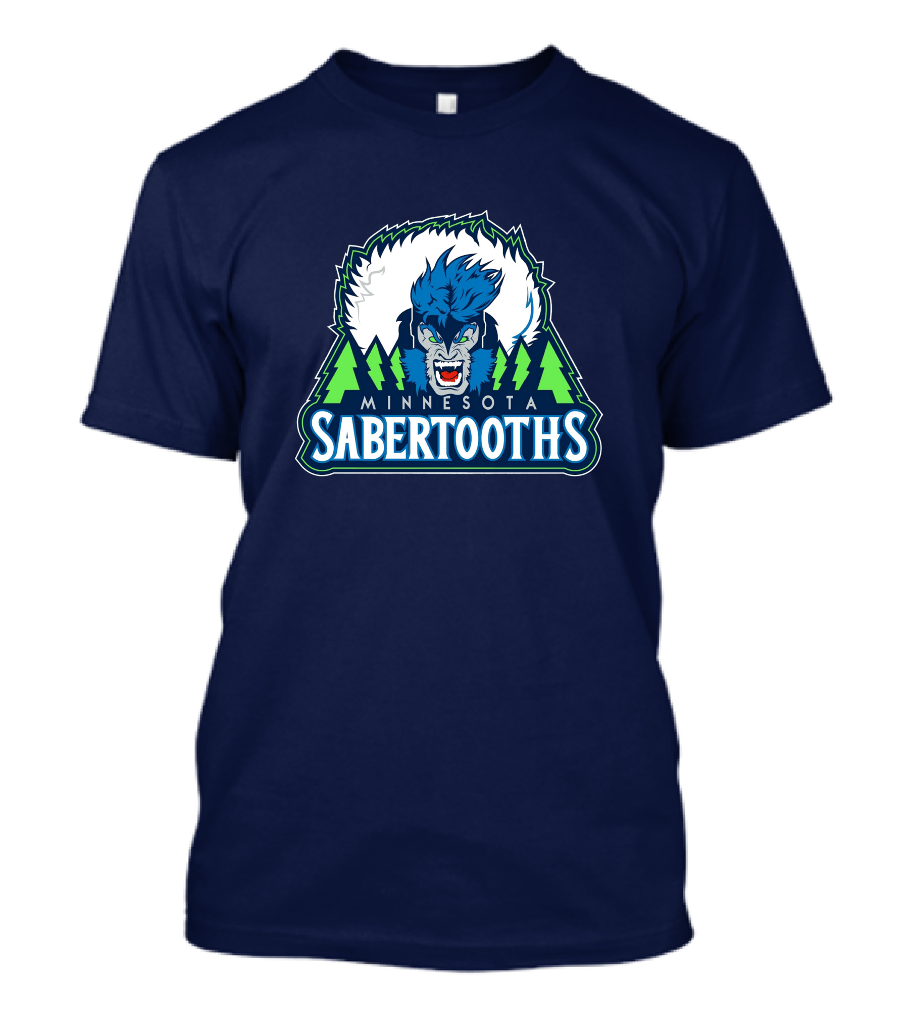 Minnesota Sabertooths NBA Logo With Blue Sabertooth And Green Pine Trees T-Shirt