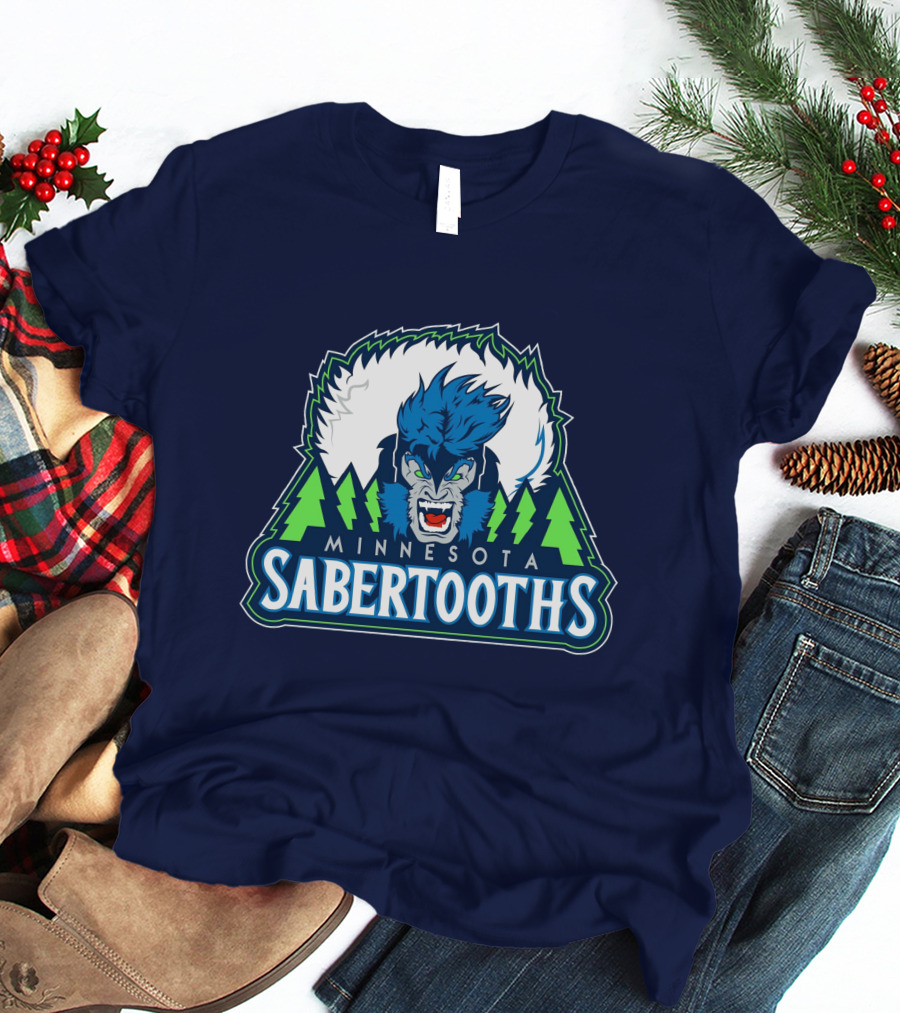 Minnesota Sabertooths NBA Logo With Blue Sabertooth And Green Pine Trees T-Shirt