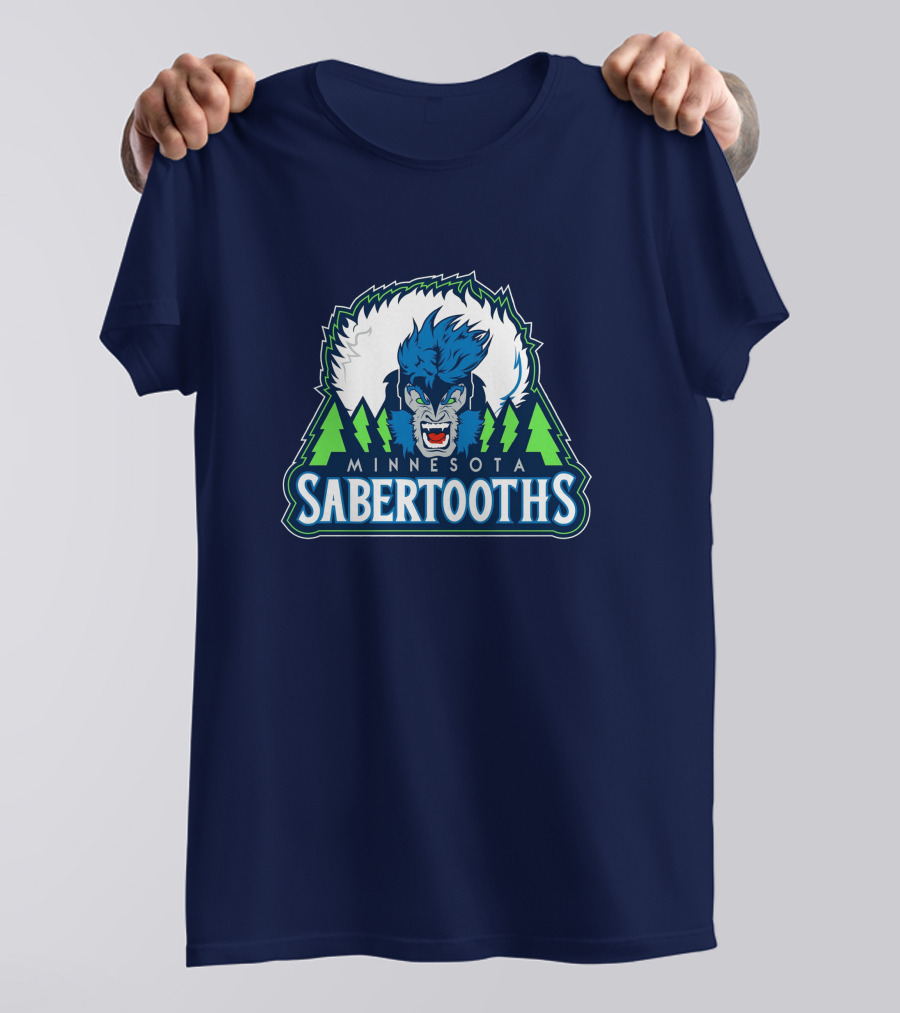 Minnesota Sabertooths NBA Logo With Blue Sabertooth And Green Pine Trees T-Shirt