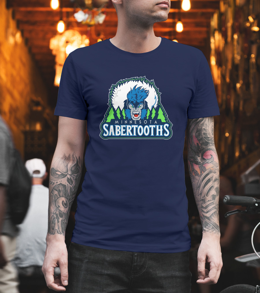Minnesota Sabertooths NBA Logo With Blue Sabertooth And Green Pine Trees T-Shirt