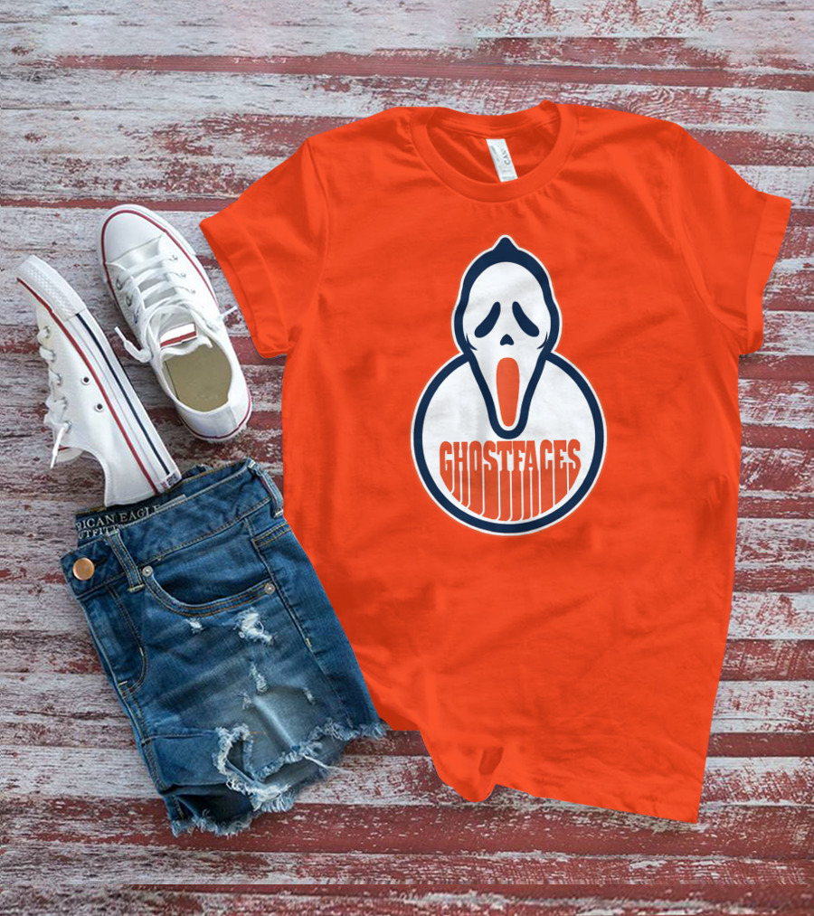 Edmonton Ghostfaces NHL Scream Parody Logo Orange Background T-Shirt