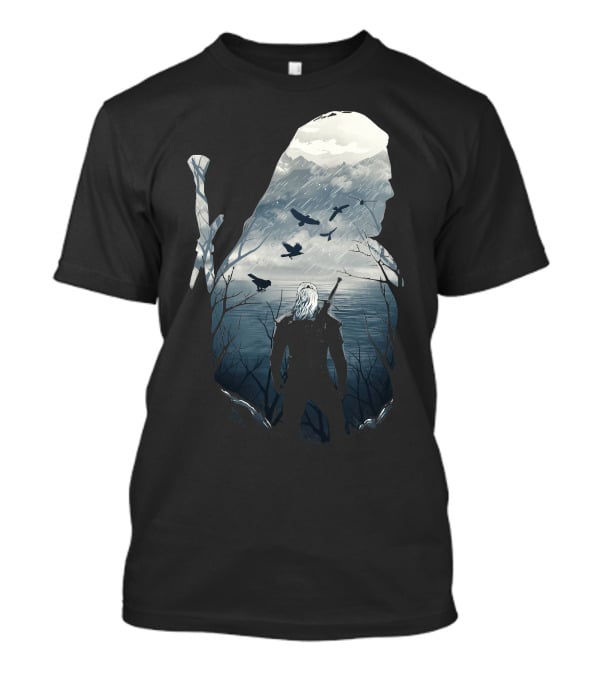 Wild Hunt Forest Geralt Silhouette With Mountains Ravens Sword T-Shirt