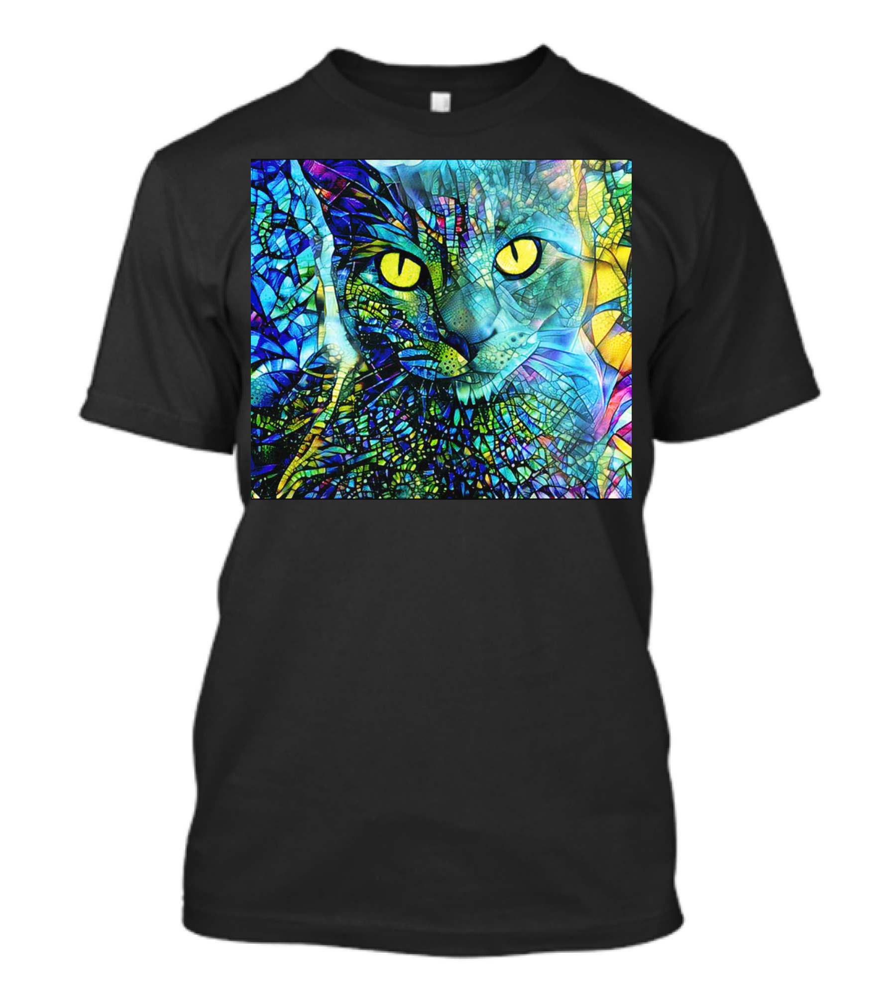 Cochfdhfdhfdh Stained Glass Mosaic Cat With Vibrant Yellow Eyes T-Shirt