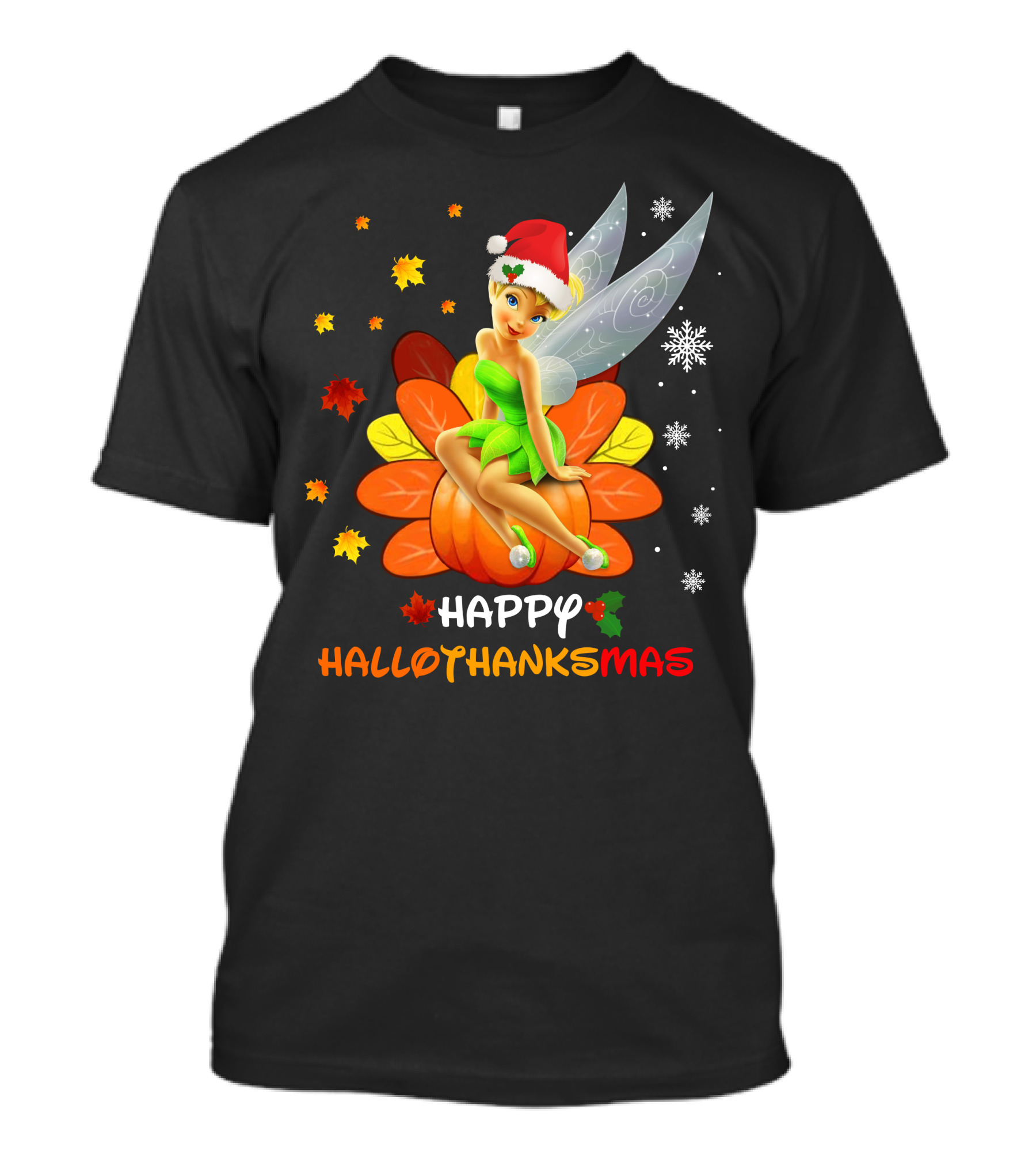 Tinkerbell Happy HalloThanksMas Pumpkin Santa Hat Snowflakes T-Shirt