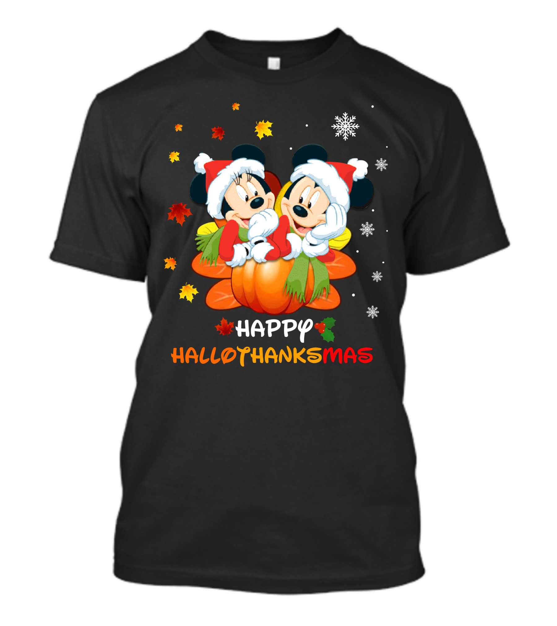 Mickey Happy HalloThanksMas Pumpkin Leaves Snowflakes T-Shirt