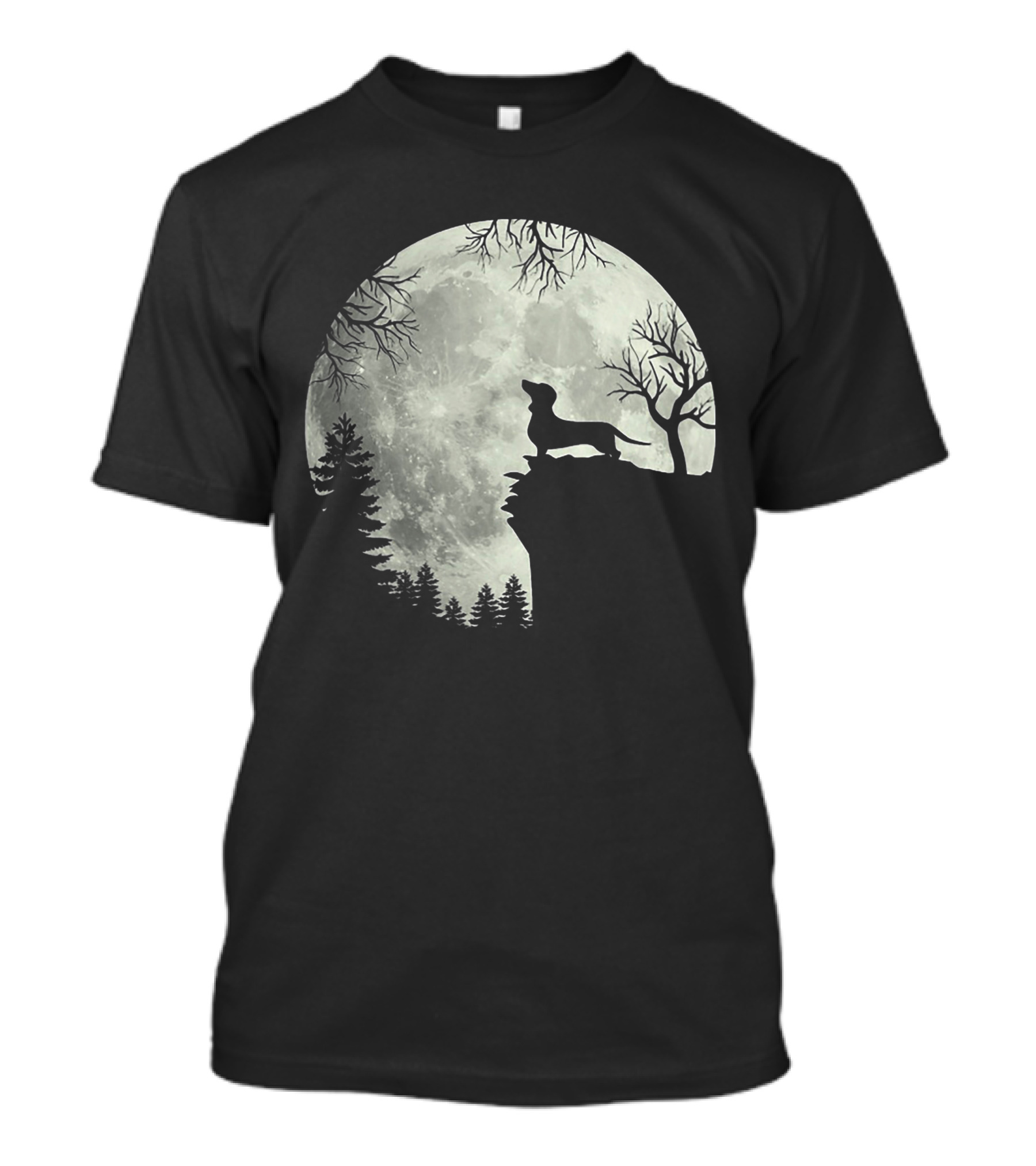 Dachshund Silhouette Howling At Full Moon In Forest Night Scene T-Shirt