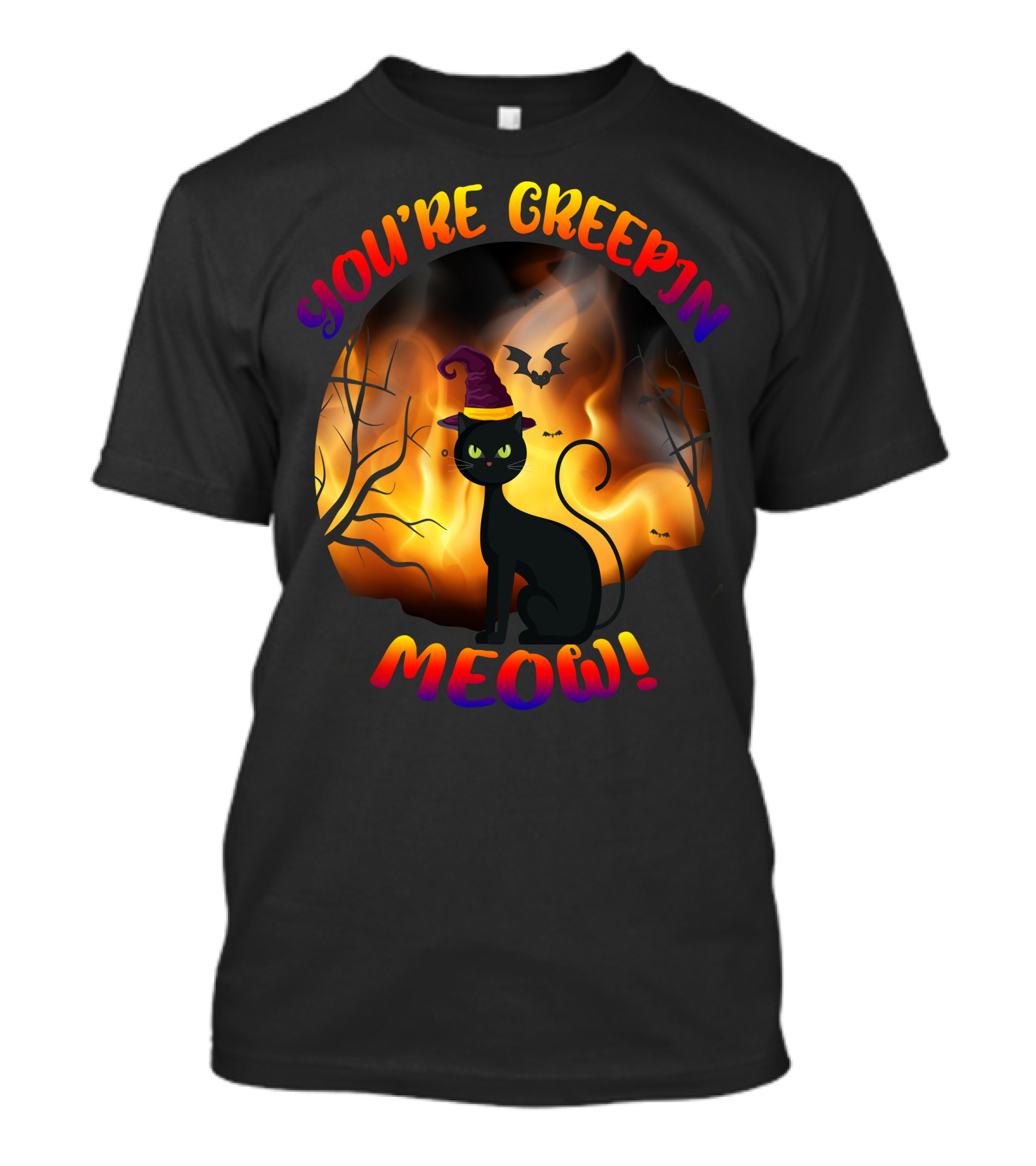 You’re Creepin Meow Halloween Cat Bat Scene T-Shirt
