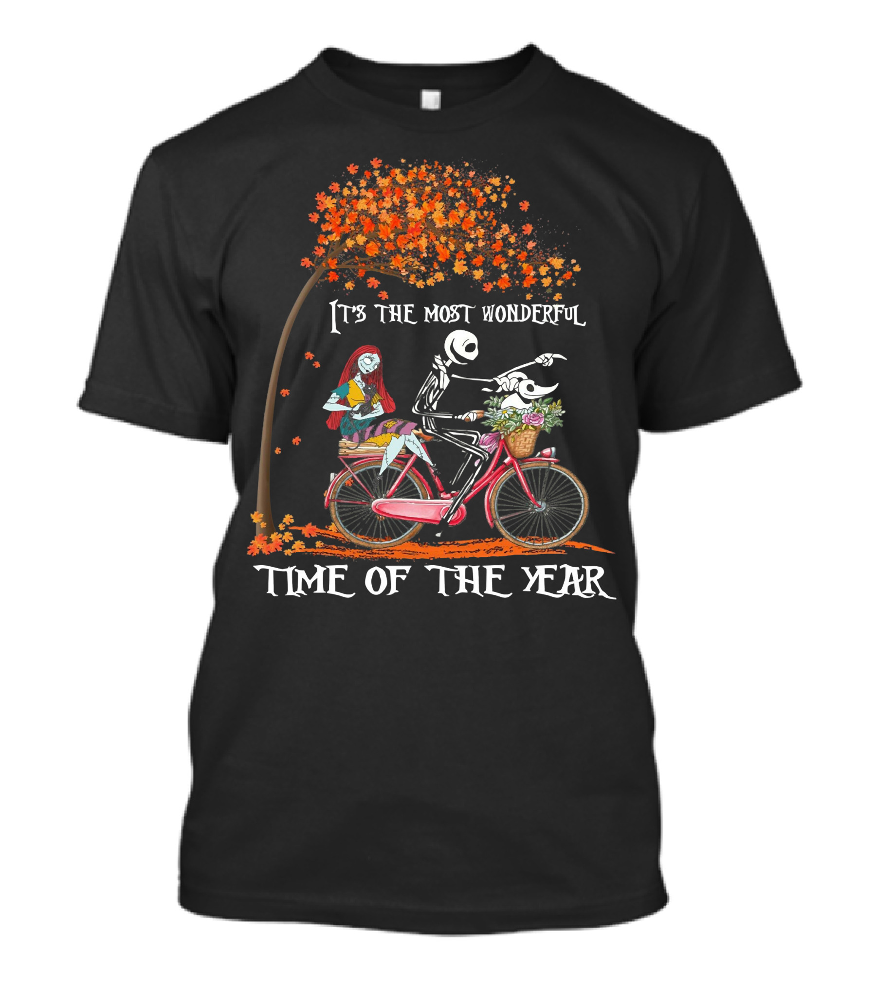 It's The Most Wonderful Time Of The Year Jack And Sally Bike Autumn Leaves T-Shirt