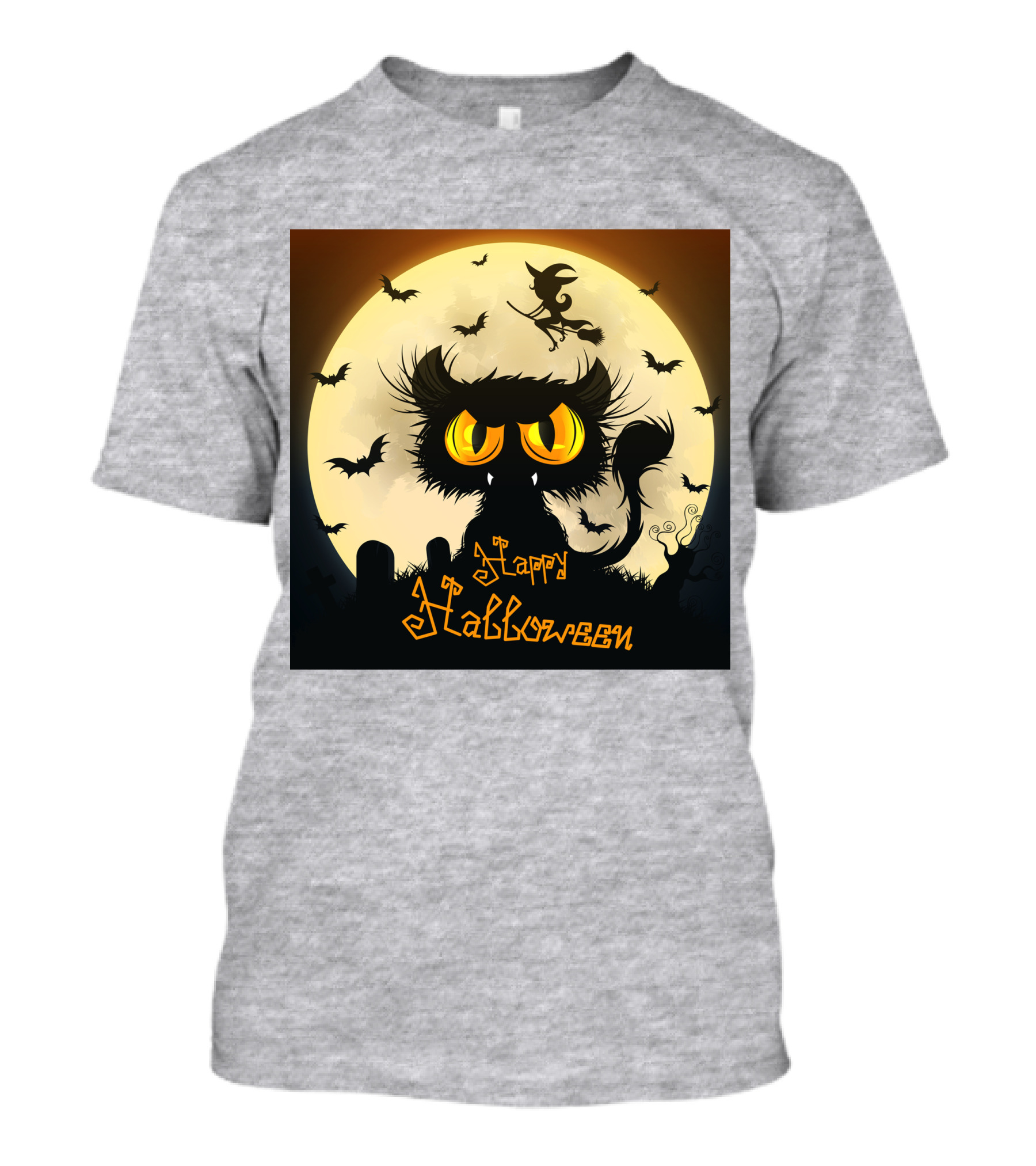 Starry Halloween Cat With Witch And Bats T-Shirt