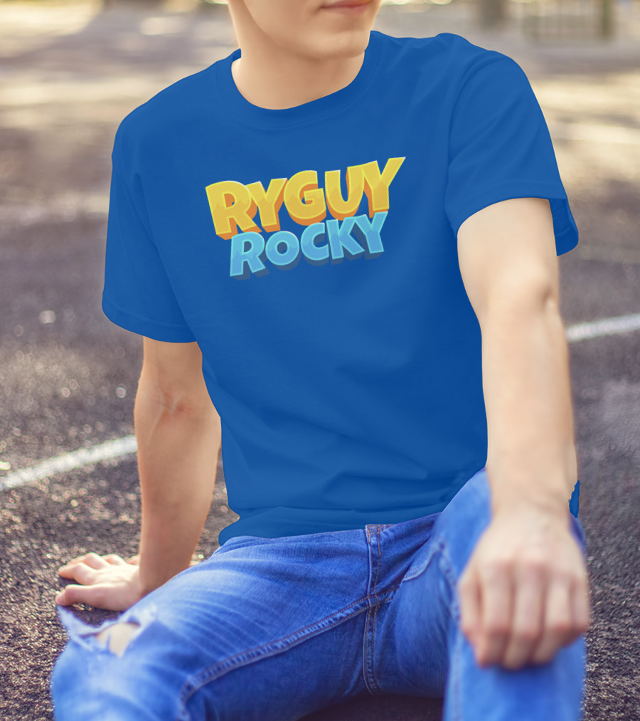 RYGUYROCKY Bold Text Logo Blue Background T-Shirt