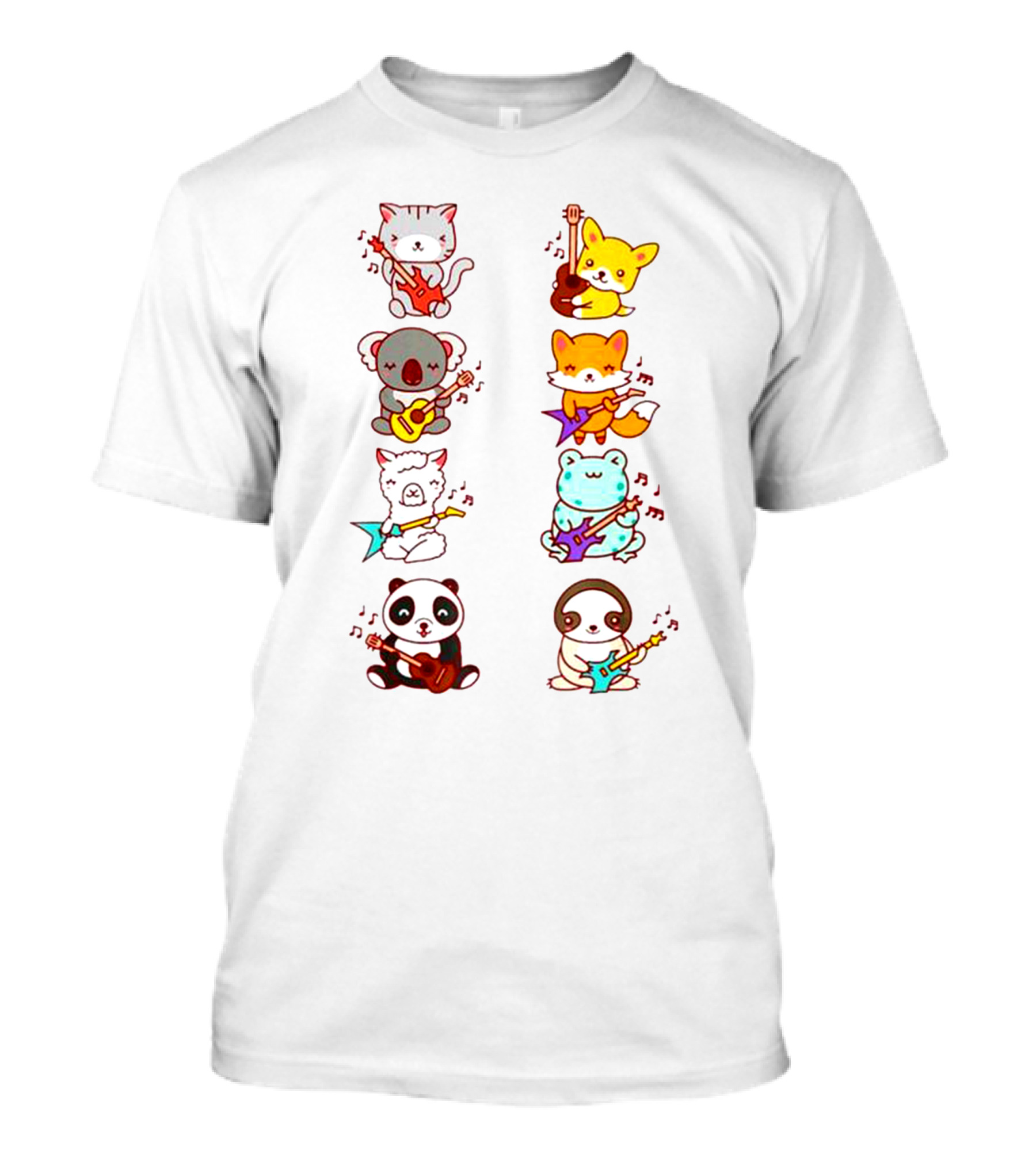 Cat Fox Koala Alpaca Frog Panda Animals Playing Acoustic Electric Guitars Kawaii T-Shirt